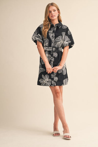 Embroidered Hibiscus Belted Mini Dress