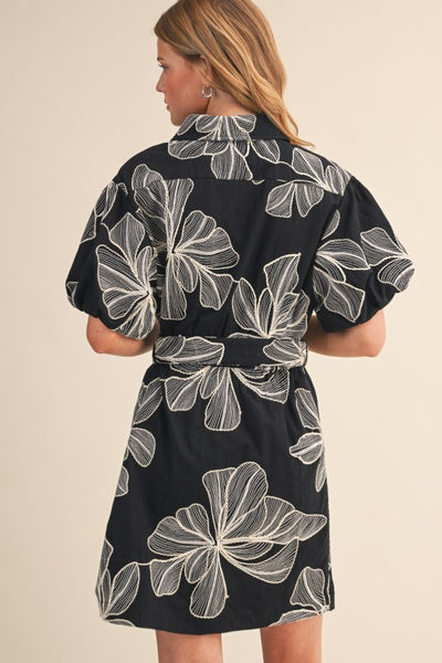 Embroidered Hibiscus Belted Mini Dress
