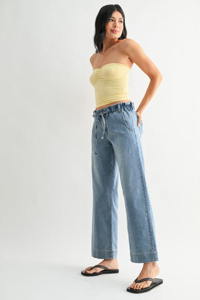 Drawstring Wide Leg Jeans - Light Wash