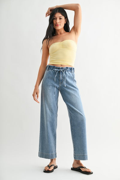 Drawstring Wide Leg Jeans - Light Wash