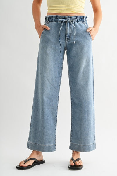 Drawstring Wide Leg Jeans - Light Wash