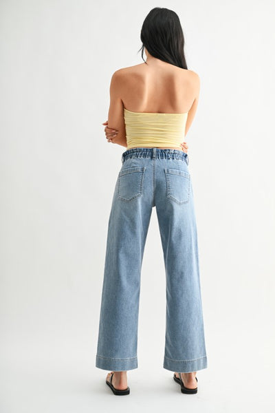 Drawstring Wide Leg Jeans - Light Wash