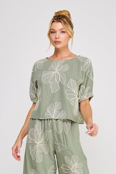 Embroidered Hibiscus Top - 2 Colors