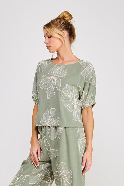 Embroidered Hibiscus Top - 2 Colors