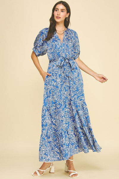 Damask Print Tiered Maxi Dress
