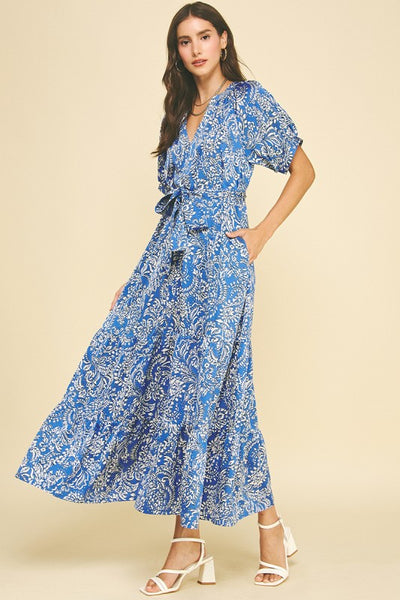 Damask Print Tiered Maxi Dress