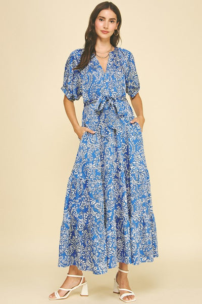 Damask Print Tiered Maxi Dress