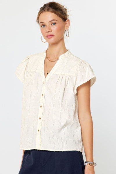 Textured Cap Sleeve Button Top