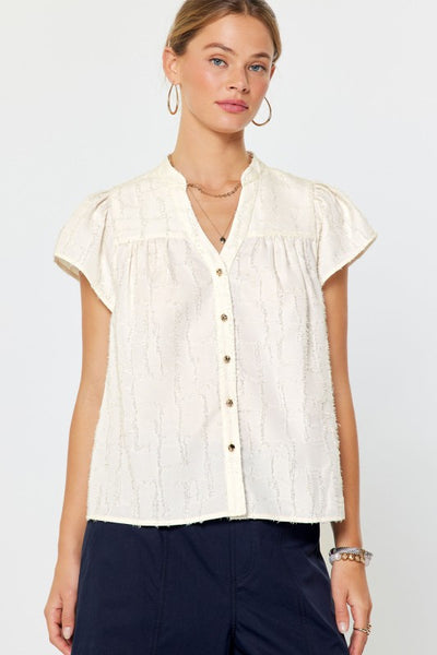 Textured Cap Sleeve Button Top