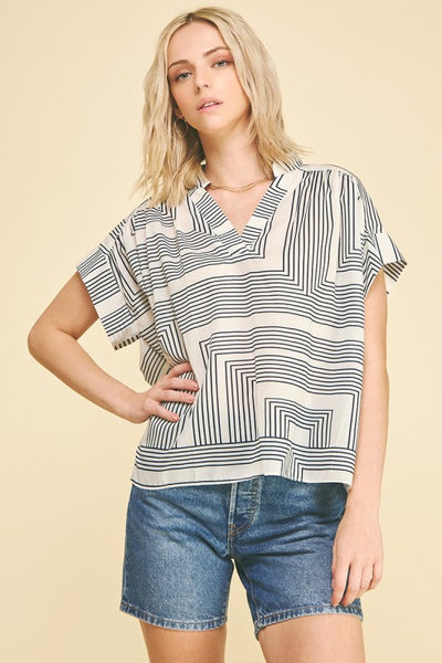 Geometric Stripes V-Neck Top