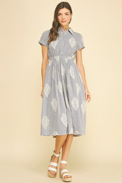 Embroidered Leaf Striped Midi Dress