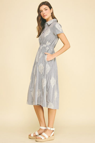 Embroidered Leaf Striped Midi Dress