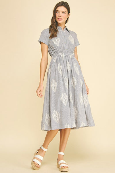 Embroidered Leaf Striped Midi Dress
