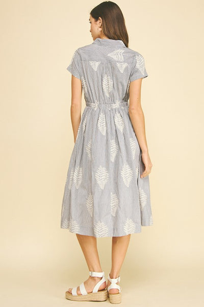 Embroidered Leaf Striped Midi Dress