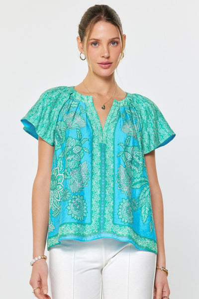 Border Print Floral Flutter Sleeve Top