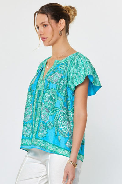 Border Print Floral Flutter Sleeve Top