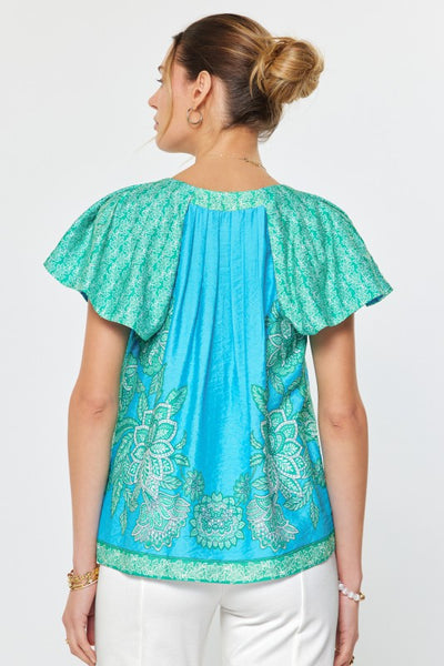 Border Print Floral Flutter Sleeve Top