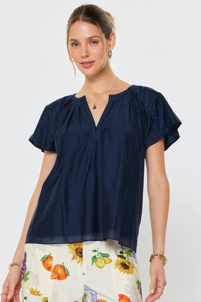Embroidered Detail Flutter Sleeve Top