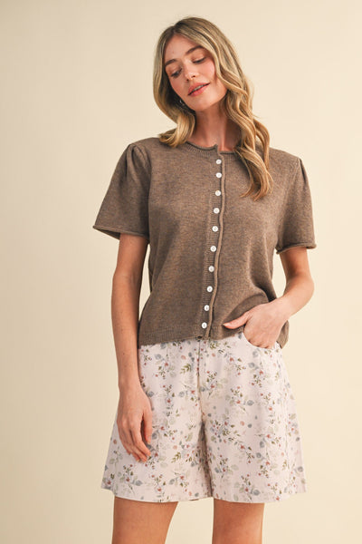 Shirred Sleeve Button Knit Top
