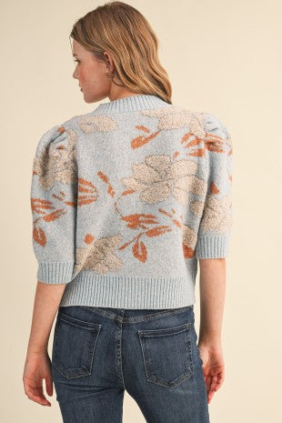 Floral Puff Sleeve Button Knit Top