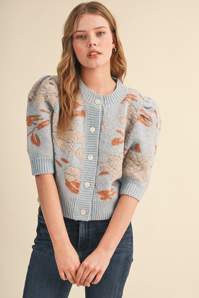Floral Puff Sleeve Button Knit Top