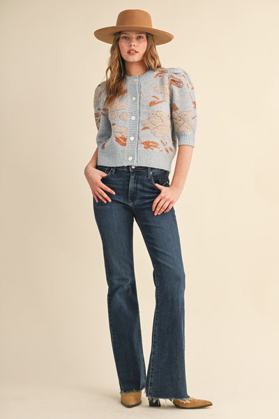 Floral Puff Sleeve Button Knit Top