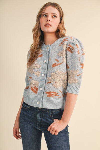 Floral Puff Sleeve Button Knit Top