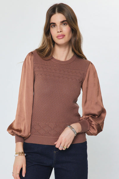 Satin Sleeve Pointelle Knit Top - 2 Colors