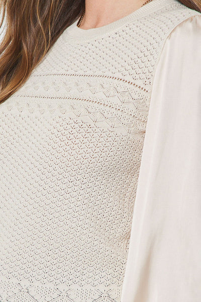 Satin Sleeve Pointelle Knit Top - 2 Colors
