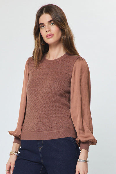 Satin Sleeve Pointelle Knit Top - 2 Colors
