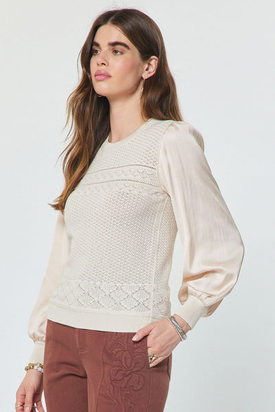 Satin Sleeve Pointelle Knit Top - 2 Colors
