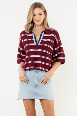 Contrast Stripe Polo Knit Top