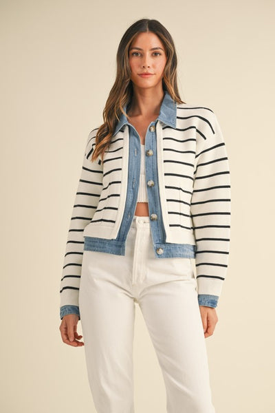 Layered Look Denim Striped Cardigan