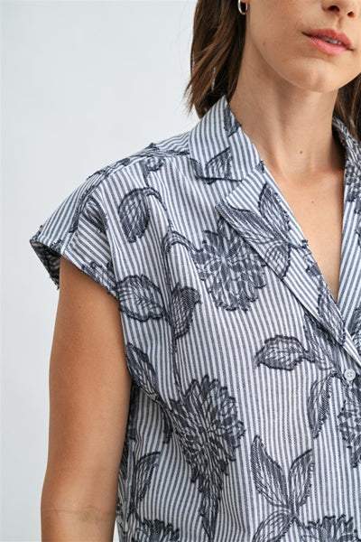 Floral Jacquard Striped Collared Top
