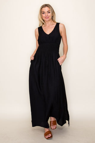 Double V Smocked Waist Maxi Dress