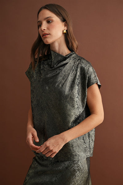 Metallic Draped Cowlneck Blouse