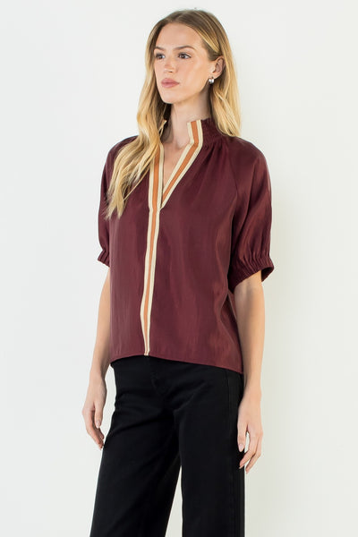 Contrast Stripe Placket V-Neck Top