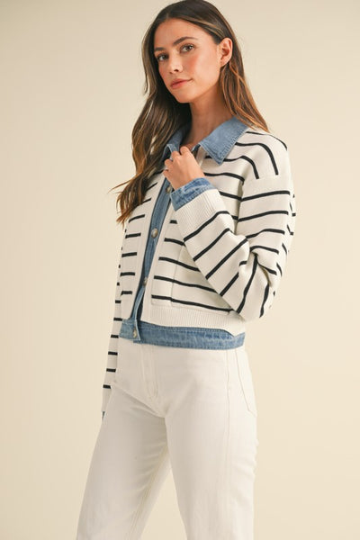 Layered Look Denim Striped Cardigan