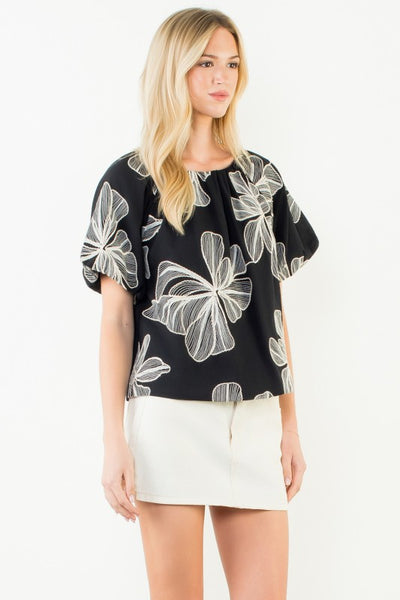 Embroidered Hibiscus Puff Sleeve Top