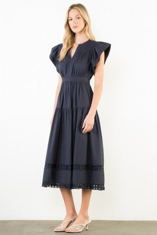 Crochet Trim Ruffle Midi Dress