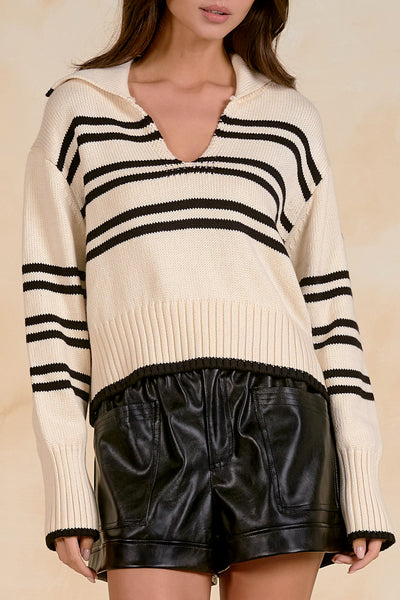 Striped V-Neck Collared Sweater