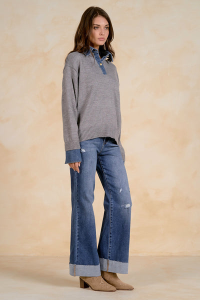 Denim Collared Sweater - 2 Colors