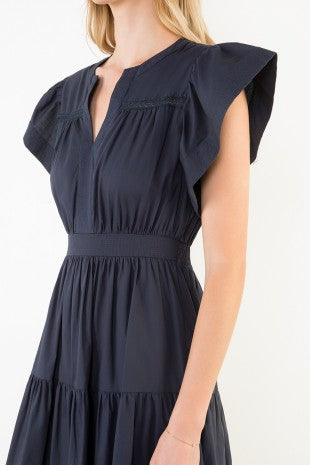 Crochet Trim Ruffle Midi Dress