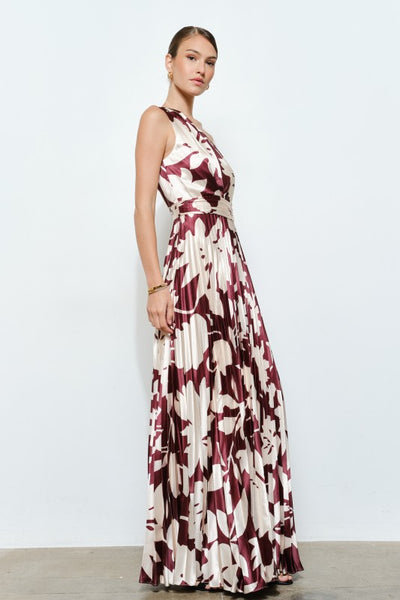 Mocha Floral Pleated One Shoulder Dress