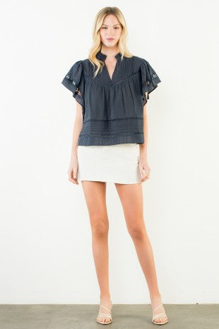 Textured Stripe Flutter Sleeve Top - 2 Colors