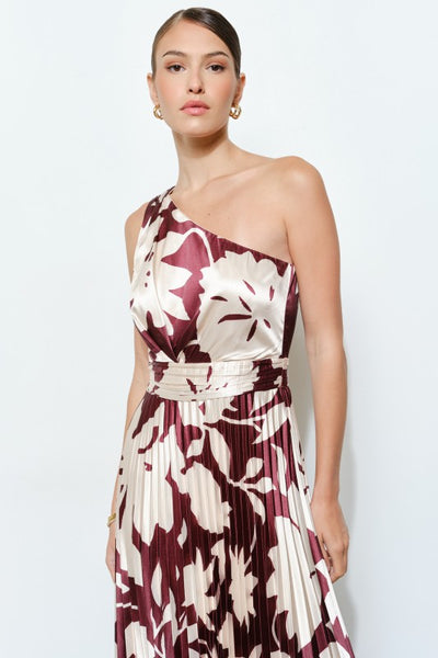 Mocha Floral Pleated One Shoulder Dress