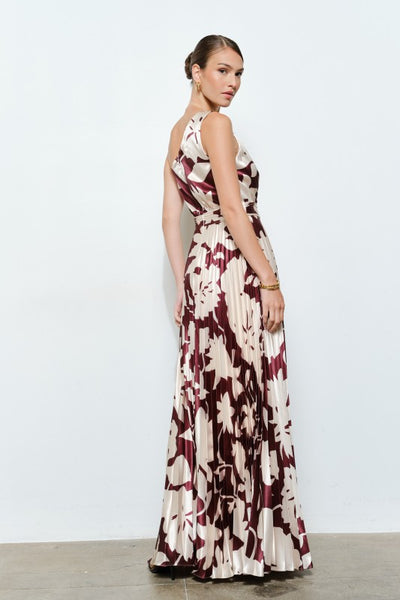 Mocha Floral Pleated One Shoulder Dress