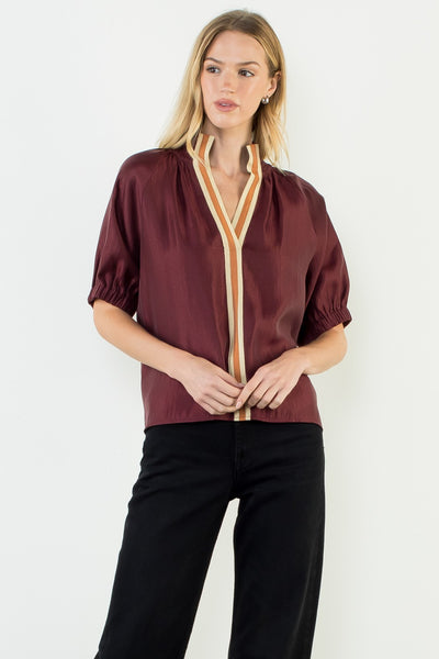 Contrast Stripe Placket V-Neck Top