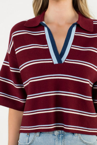 Contrast Stripe Polo Knit Top