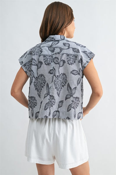 Floral Jacquard Striped Collared Top